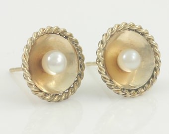 10K Gold Saucer Pearl Earrings, Akoya White Cultured Pearl Earrings, 10K Gold Pearl Earrings, June Birthstone Pearl Studs, Vintage Jewelry