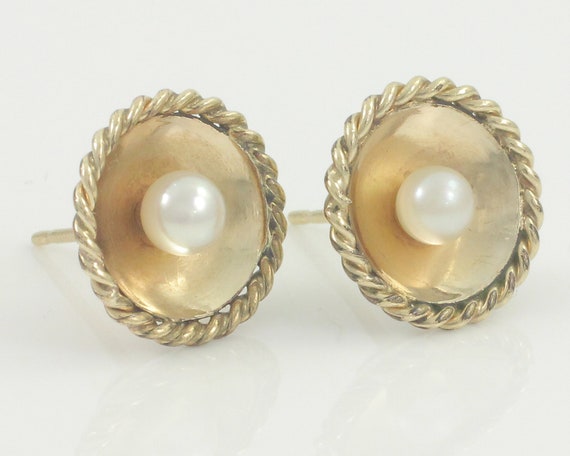 10K Gold Saucer Pearl Earrings, Akoya White Cultu… - image 1