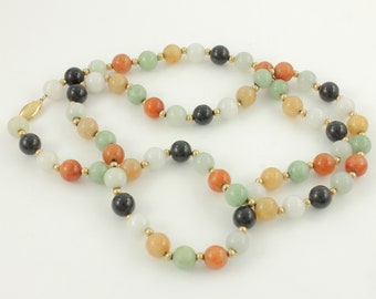 Vintage 14K Multi Color Jade Necklace, 14K Multi Color Jade Bead 26" Long Necklace, Vintage 14K 8 mm Jade Bead 26" Necklace, Vintage Jewelry