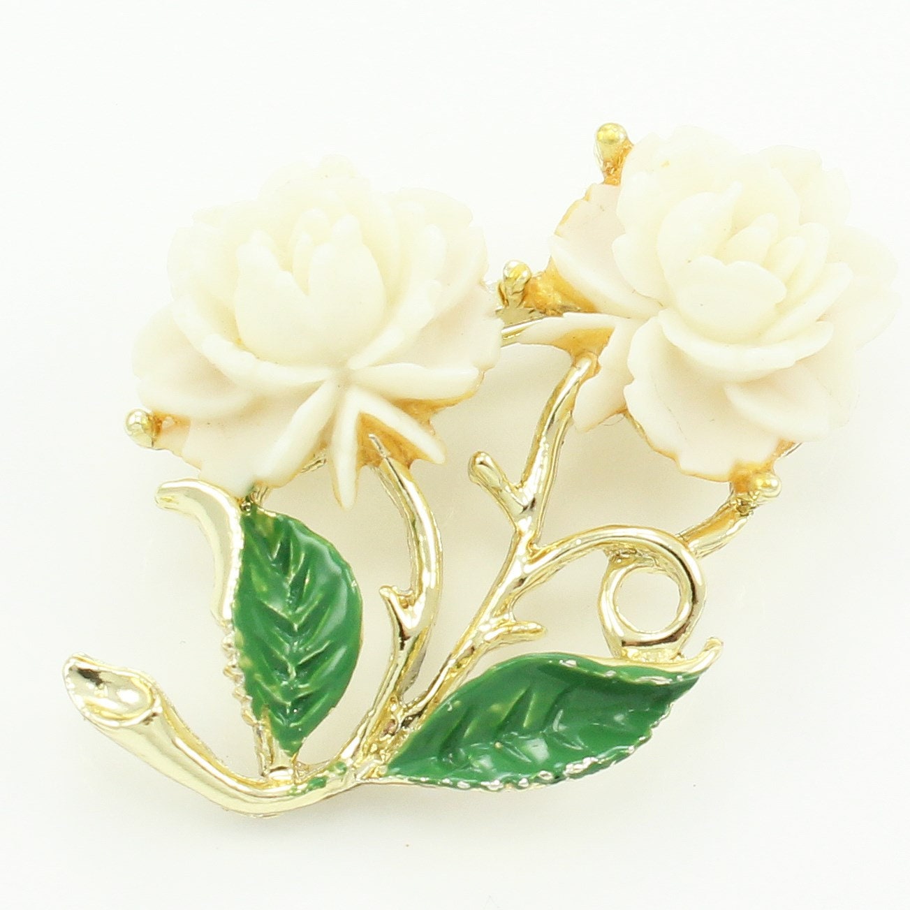 Withe Plastic Roses Vintage White Plastic Rose Brooch, 1960s White Plastic Rose Green ...