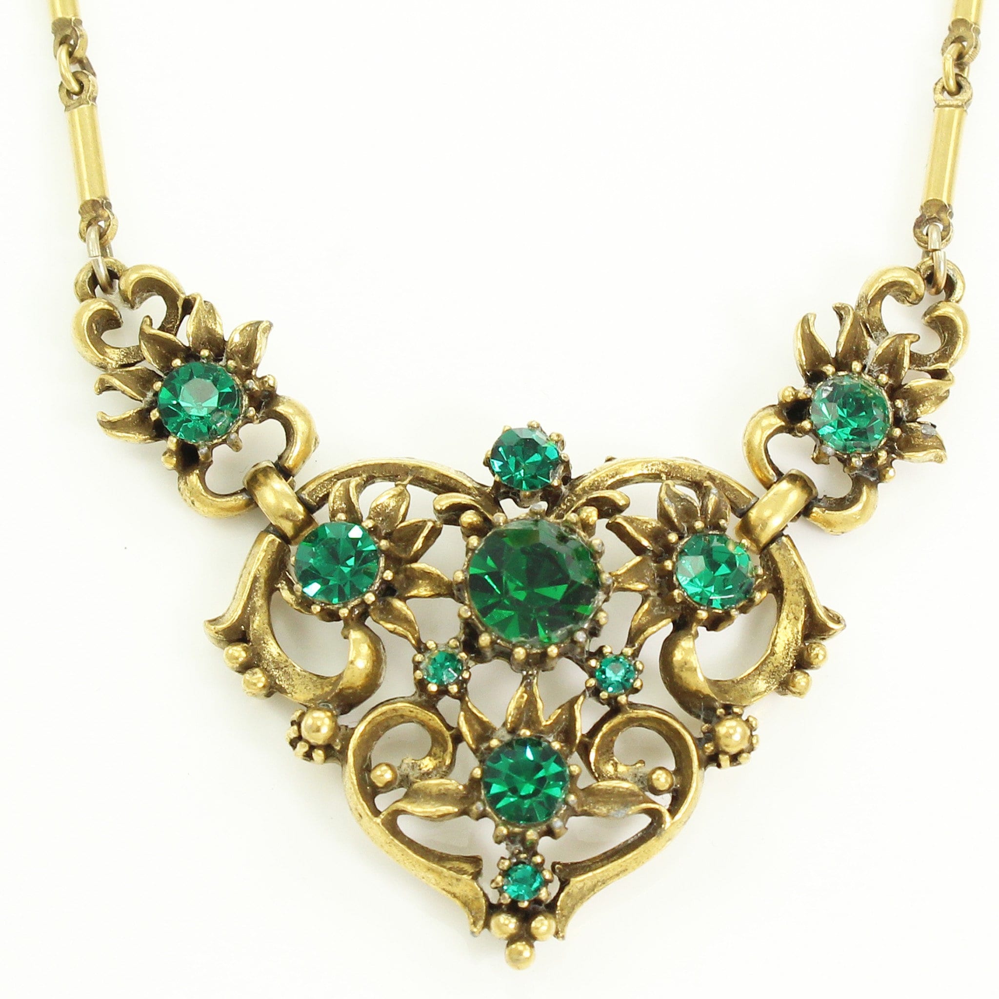 Coro Green Rhinestone Necklace Antique Gold Tone Baroque Scroll