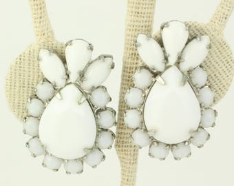 Vintage Weiss Milk Glass Clip On Earrings, 1960s Weiss White Rhinestone Earrings, Weiss Milk Glass Teardrop ClipOn Earrings, Vintage Jewelry