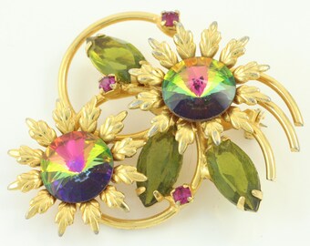 Vintage Watermelon Rivoli Rhinestone Flower Brooch, Gold Tone Watermelon Olivine Fuchsia Rhinestone Pin, 1960's Brooch, Vintage Jewelry