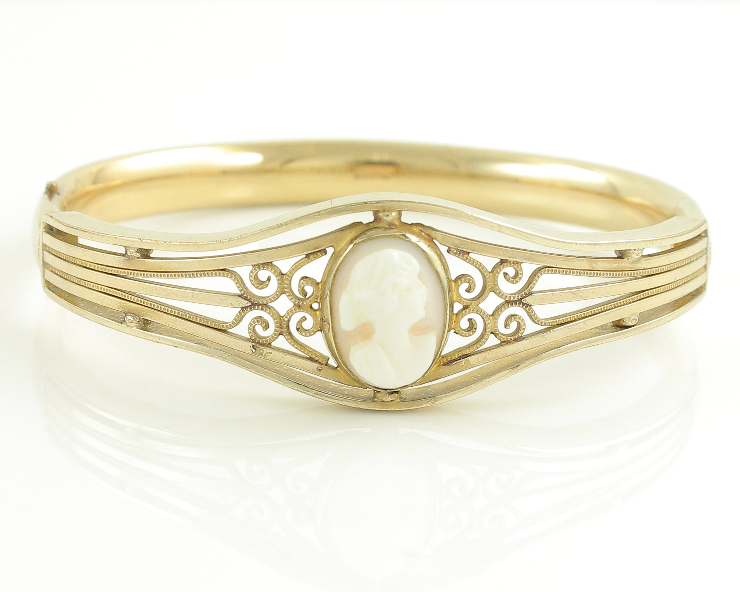 Antique Shell Cameo Bangle Bracelet CAM & CO. Edwardian Scrolled Gold