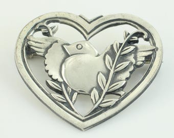 Vintage Sterling Bird Heart Norseland Coro Craft Brooch, Coro Sterling Silver Bird Heart Pin, Vintage Sterling Heart Brooch, Vintage Jewelry