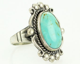 Vintage Sterling Silver Oval Turquoise Ring Bell Trading Post New Old Stock 5.5  -  Turquoise 925 Silver Estate Ring - Southwestern Jewelry