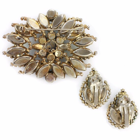 Vintage Emerald & AB Clear Rhinestones Brooch and Earrings Jewelry Set