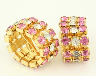 Vintage Pink Rhinestone Hoop Earrings, Rhinestone Wrap Around Hoop Earrings, 1960s Mid Century Rhinestone Clip On Earrings, Vintage Jewelry