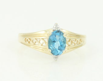 Vintage 14K Blue Topaz Diamond Filigree Ring, 1980s 14K Yellow Gold Filigree Blue Topaz Ring, December Birthstone Size 6, Vintage Jewelry