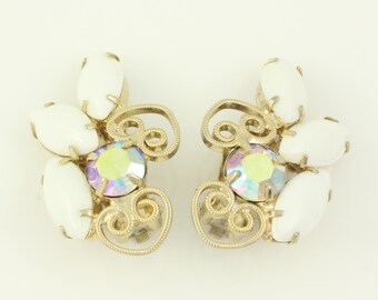 Vintage Mid Century Milk Glass Earrings, 1960s White Navette Aurora Borealis Rhinestone Heart Scroll Earrings, Vintage Jewelry