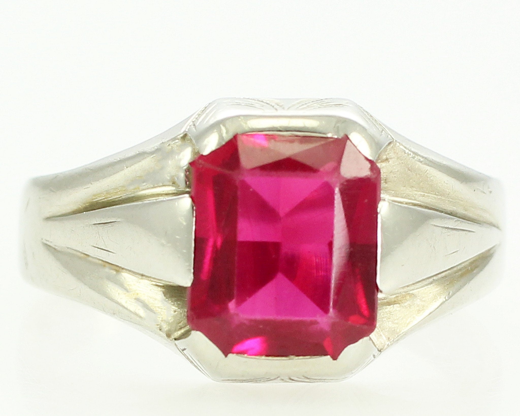 Mans Art Deco Created Ruby Ring Vintage 10K White Gold Gents Fine Jewelry