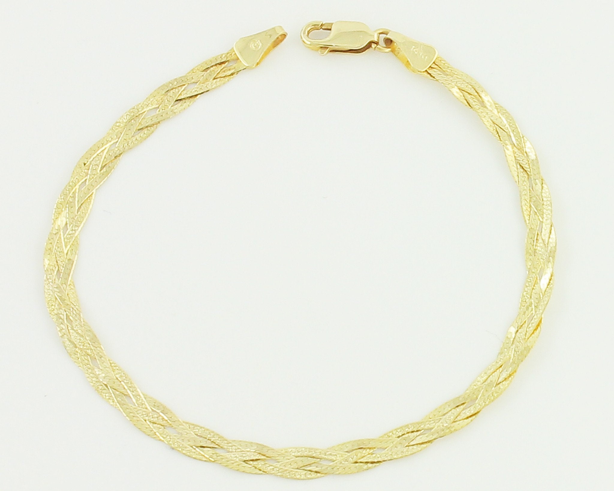 14K Braided Herringbone Bracelet 1980s Yellow Gold Chain Bracelet