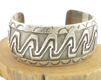 Vintage Sterling Silver Wave Pattern Domed Cuff Bracelet - 1970s Southwestern Overlay Stamped Hand Made - 75.5 grams - Vintage Jewelry