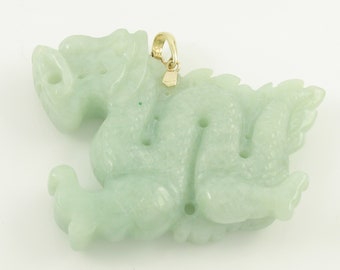 14K Light Green Jade Dragon Necklace Pendant, 14K Carved Jade Dragon Pendant, Vintage Jade Dragon Pendant, Vintage Jewelry, Estate Jewelry