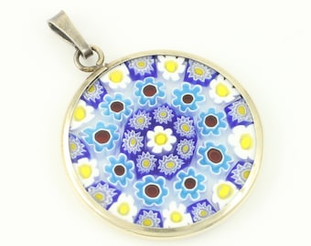 Vintage Millefiori Glass Sterling Silver Pendant, Italian Millefiori Glass Disc 925 Vermeil Necklace Pendant, Vintage Jewelry,Estate Jewelry