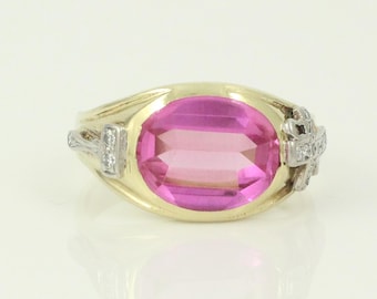 Vintage 14K Ladies Diamond and Lab-Created Pink Sapphire Ring, 1940s Diamond Cross Gavel President  Ring, 14K Size 5 Ring, Vintage Jewelry