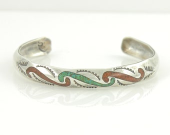 Vintage Navajo Silver Crushed Turquoise Coral Inlay Cuff Bracelet, Stanley Bain Vintage Sterling Silver Coral Turquoise Cuff,Vintage Jewelry