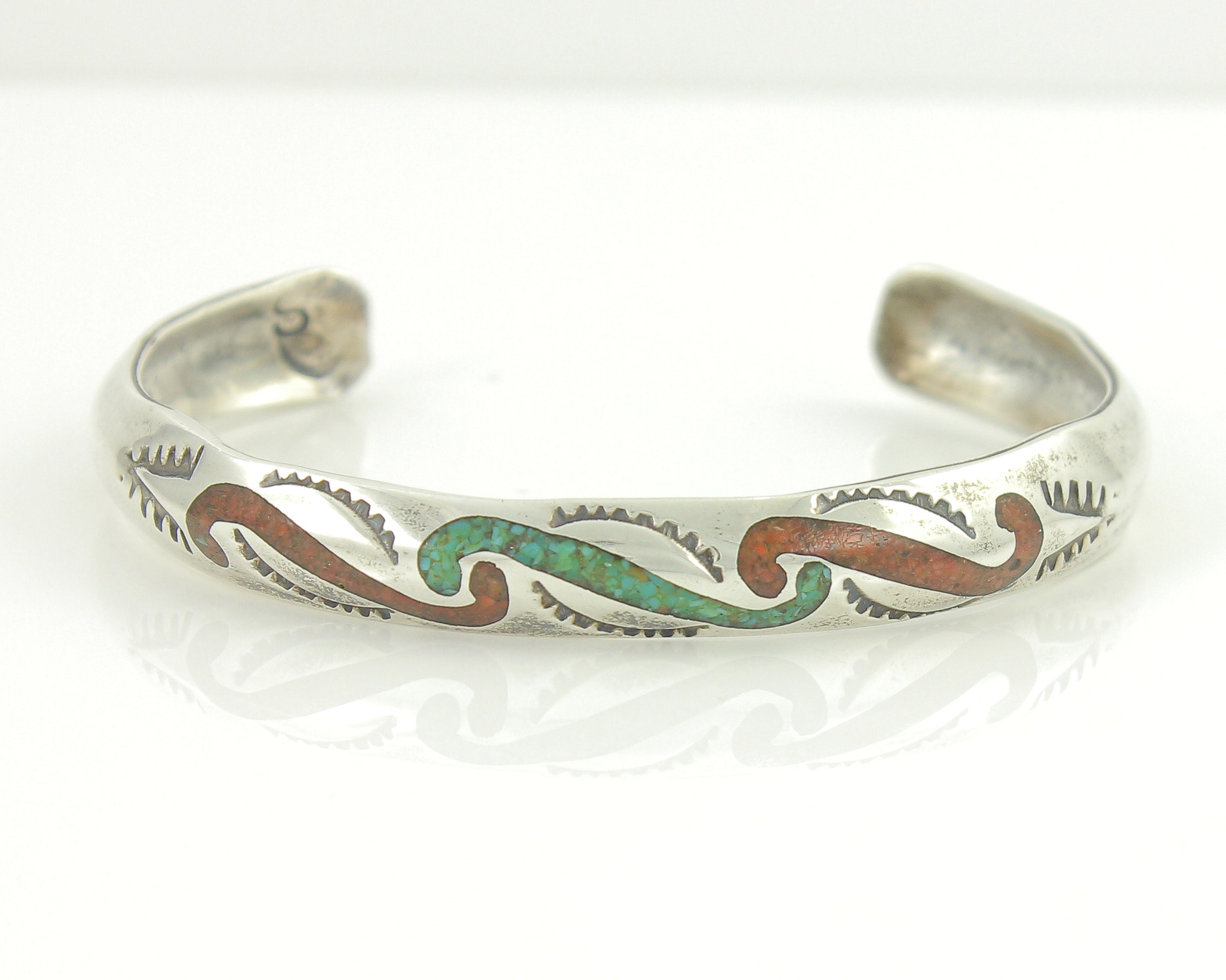 Striking Vintage Navajo 'Domed Green Turquoise' Coral Native American Jewelry Silver Bracelet Striking Vintage Navajo 'Domed Green Turquoise' Coral Native American Jewelry Silver Bracelet