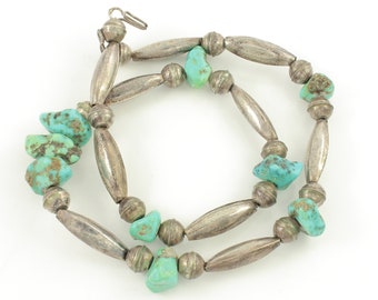 Silver Turquoise Nugget Necklace, Handmade Sterling Silver Beads, Southwestern Turquoise Necklace, Vintage Jewelry, Estate Jewelry