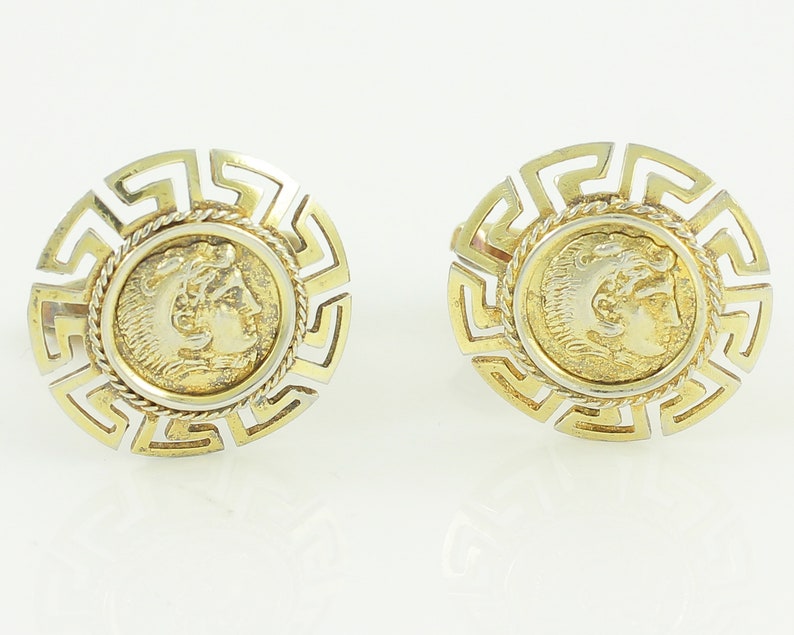 Circa 1950 Vintage Jewelry Greek Key Alexander the Great Meander Cuff Links Vintage Gilt on 800 Silver Cufflinks from Greece