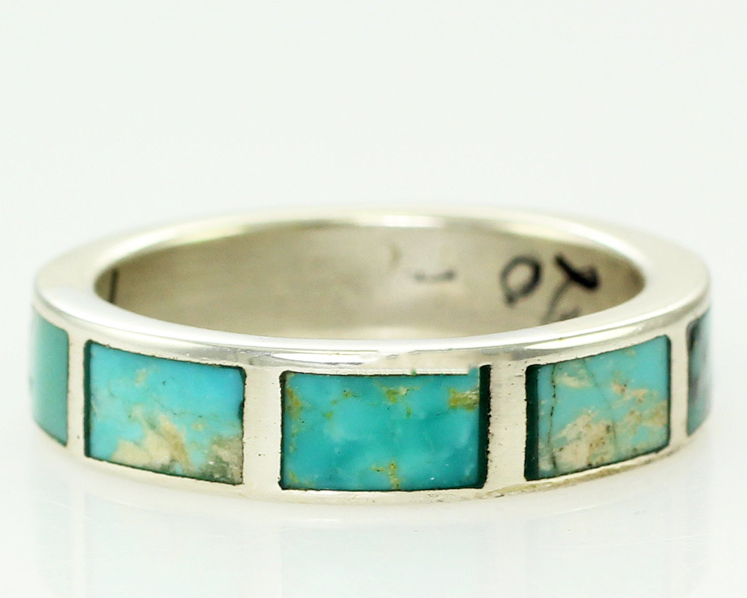 Vintage Turquoise Inlaid Sterling Silver Wedding Band Ring