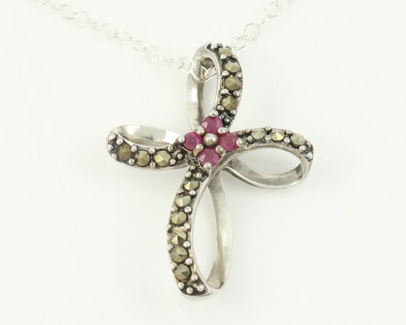 Vintage Ruby Marcasite Sterling Silver Cross Pend… - image 1
