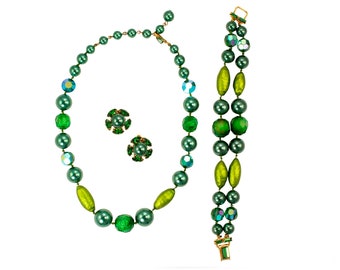 Vintage 1950's Eugene Green Beaded Jewelry Set Bracelet Necklace Earrings - Demi-Parure Jewelry