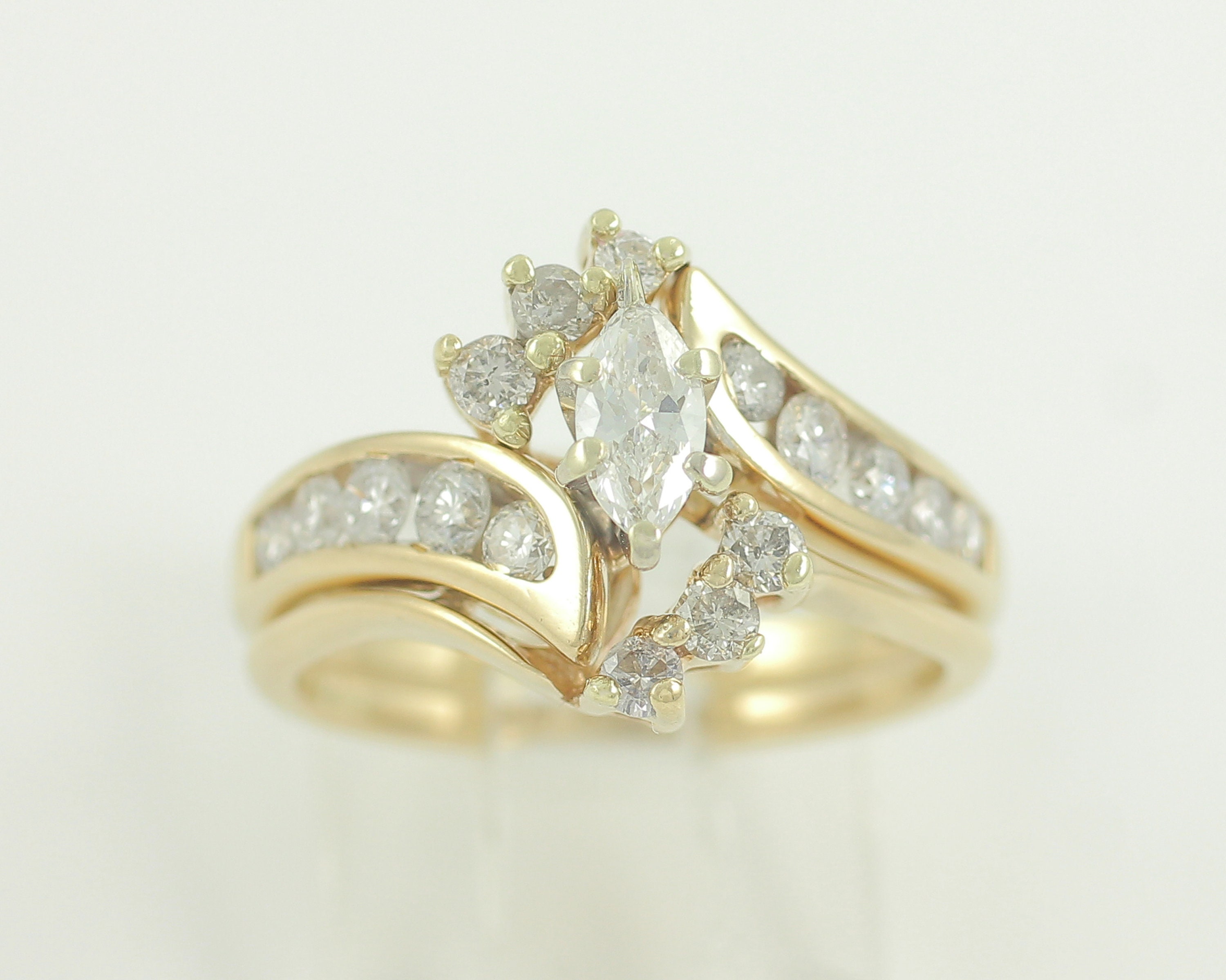 Vintage 14K Diamond Marquise Engagement Ring Wedding Band Jacket Set, Vintage 1.30 CT Diamond