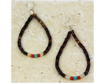 Vintage Brown Shell Coral Turquoise Heishi Dangle Earrings, Hand Made Heishe Drop Earrings Bell, Southwestern Heihi Drops, Vintage Jewelry