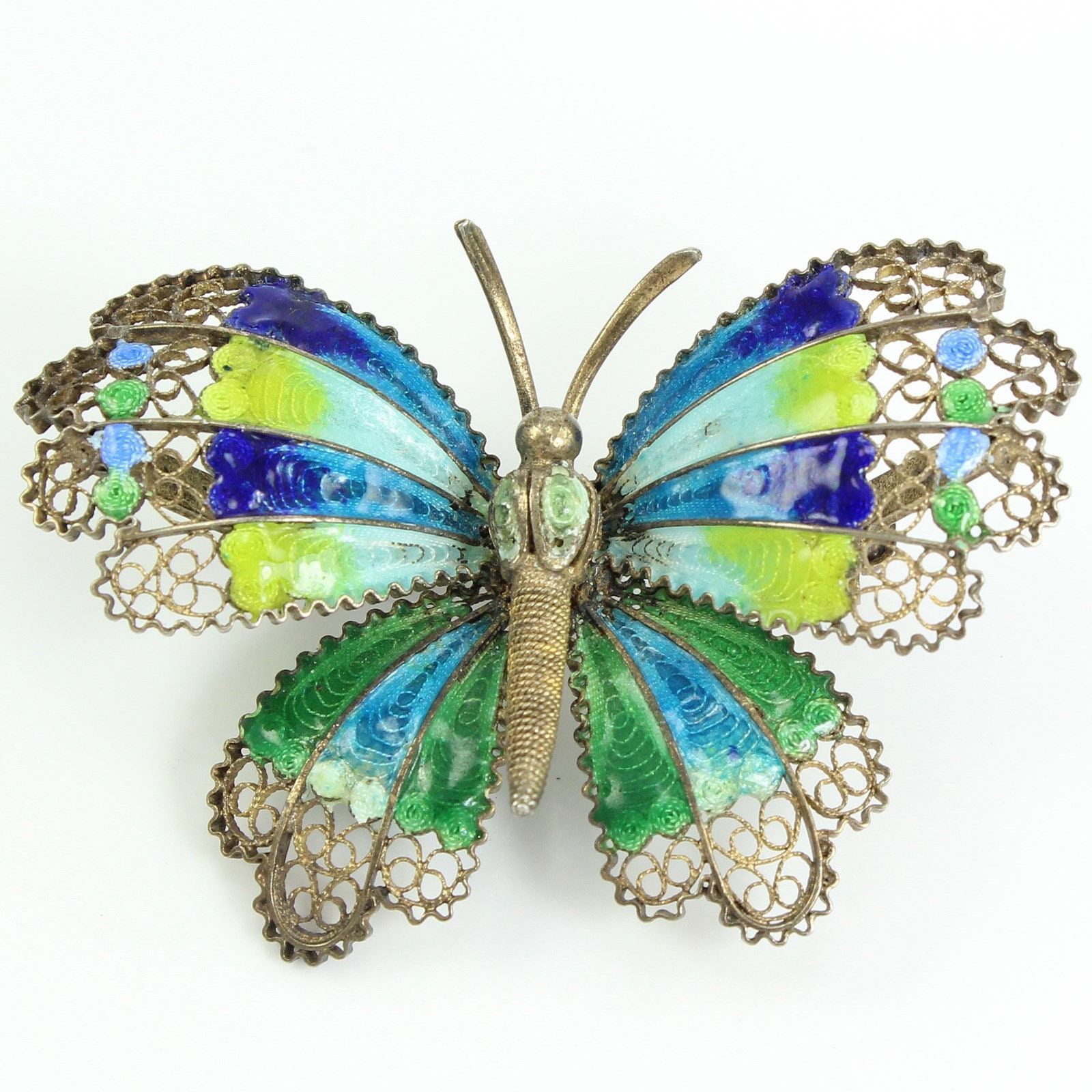 Vintage Blue Green Enamel 3D Butterfly Vermeil Gold Wash 800 Silver