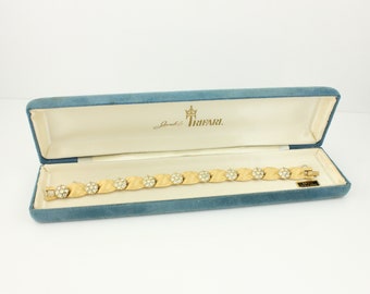 Vintage Crown Trifari April Birth Month Bracelet Original Box, Trifari Brushed Gold Tone Clear Rhinestone Ribbon Bracelet, Vintage Jewelry