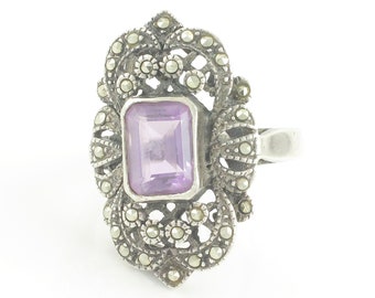 Vintage Sterling Amethyst Marcasite Ring, 925 Silver 2 CT Natural Amethyst Marcasite Ring, Amethyst Ring Size 6.5 c1980, Vintage Jewelry