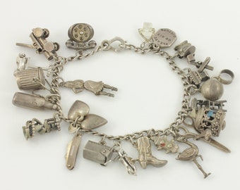 Vintage Sterling Silver 22 Charm Bracelet, WWII Era Movable Mechanical Trash Can Wine Bottle Dragline Fire Truck 925 Charm, Vintage Jewelry