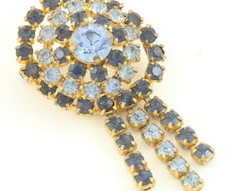 Vintage Blue Rhinestone Austrian Brooch, Vintage Blue Rhinestone Fringed Pin, Austria Rhinestone Pin, Something Blue Brooch, Vintage Jewelry
