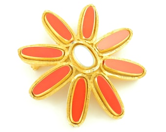 Vintage Red Orange Flower Brooch, Vintage Red Glass Daisy Brooch, Vintage Red Flower Power Pin Pendant, Boutonniere Brooch, Vintage Jewelry
