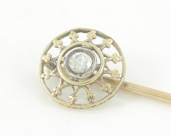 Edwardian 14K Old European Cut Diamond Stick Pin, Antique 14K Diamond Cravat Pin, 14K Bulls Eye Natural Diamond Stick Pin, Vintage Jewelry