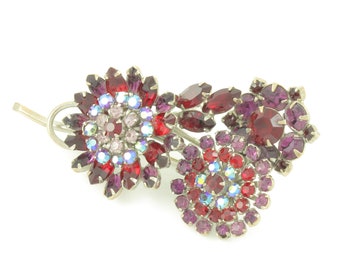 Vintage Rhinestone Flower Brooch, Vintage Red Purple Rhinestone Flower Brooch, Red Purple Rhinestone Flower Cluster Brooch, Vintage Jewelry