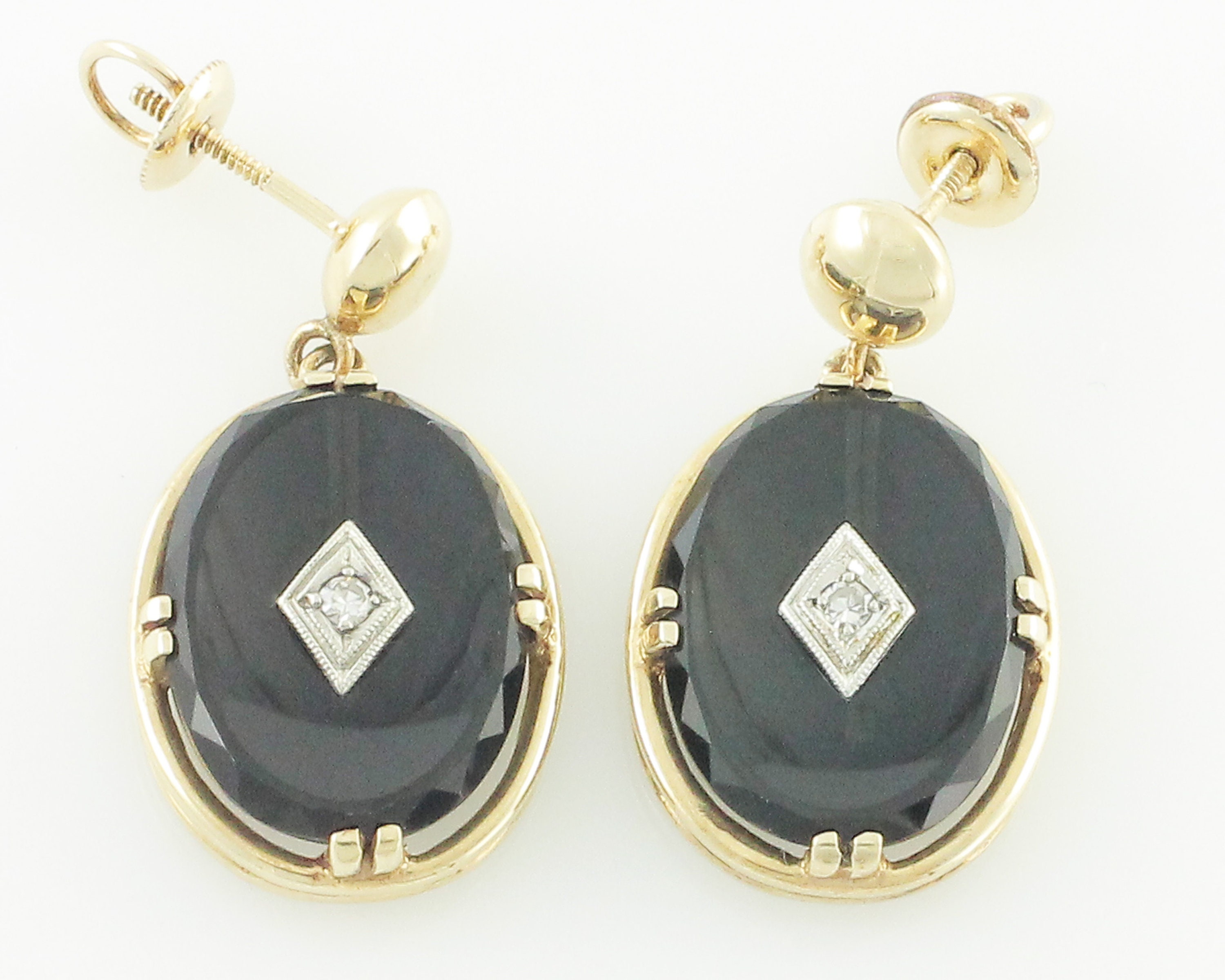 Black Onyx Diamond 10K Earrings - Vintage Dangle 10K Yellow Gold Black ...