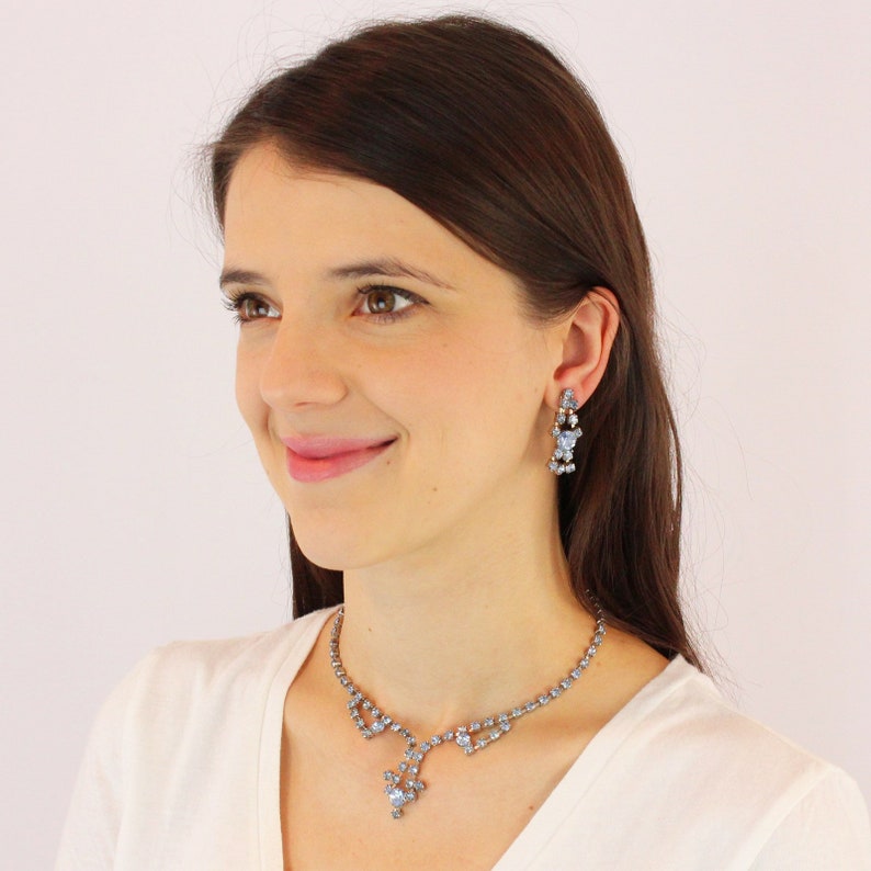 Necklace Bracelet Screw Back Dangle Earrings in Baby Blue Crystal Vintage Pale Blue Rhinestone Jewelry Parure in Silver Tone c 1950