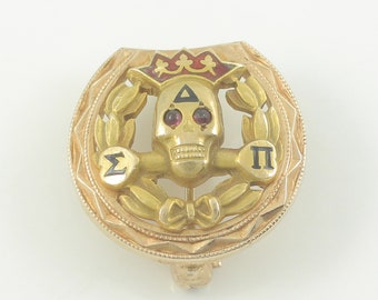 Vintage 14K Delta Sigma Pi Fraternity Badge, Skull Crossbones 14K Yellow Gold Enamel Created Ruby Pin, Fraternal Jewelry, Vintage Jewelry