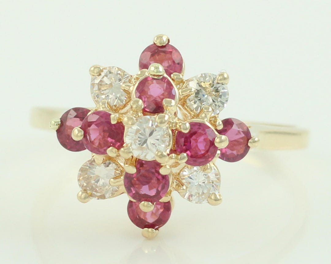 Vintage 14K Gold Ruby Diamond Cluster Ring - 1980s July Birthstone - Etsy