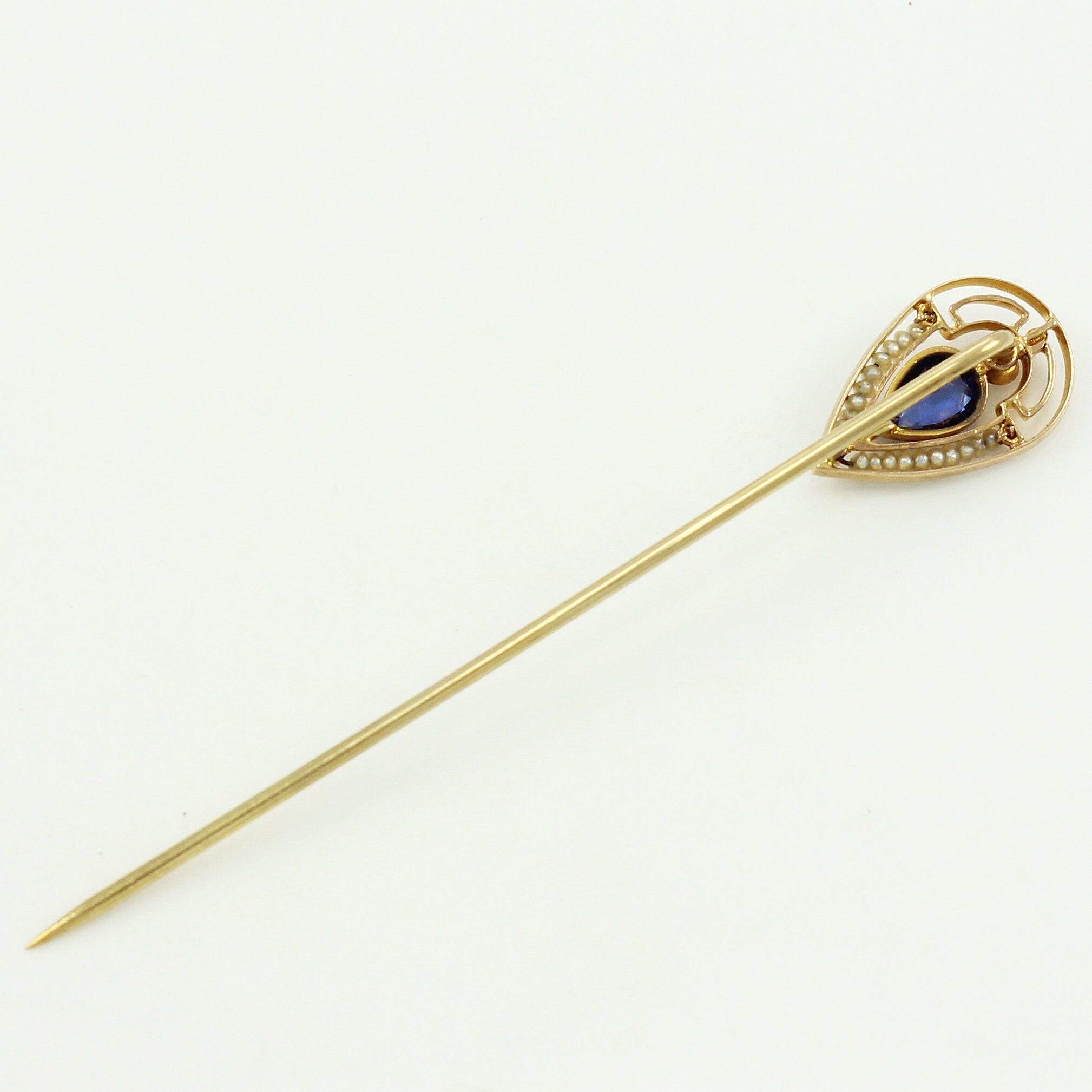 Edwardian 14K Stick Pin Created Sapphire Seed Pearls Yellow Gold 