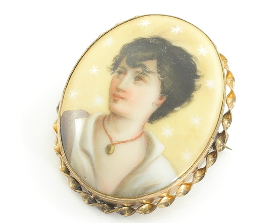 Antique Hand Painted Miniature Portrait Brooch - … - image 3