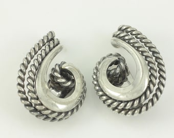 Vintage Napier Doris Day Earrings, 1940s Silver Tone Textured Comma Earrings, Napier Clip On Earrings, Book Piece Earrings, Vintage Jewelry