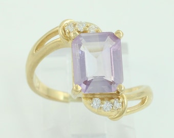 Vintage 14K Rose De France Amethyst Diamond Ring, 14K 2.5CT Emerald Cut Amethyst Ring c1970, 14K Size 8 1/4 Amethyst Ring, Vintage Jewelry