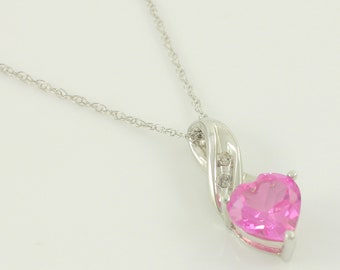 Vintage 10K Lab Created Sapphire Diamond Necklace, 10K Heart Pink Sapphire Diamond Pendant Necklace, 10K White Gold Necklace,Vintage Jewelry