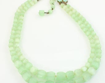 Vintage Mint Green Czech Atlas Glass Bead Double Strand Necklace, Graduated Satin Glass Bead Necklace, Atlas Glass Beads, Vintage Jewelry