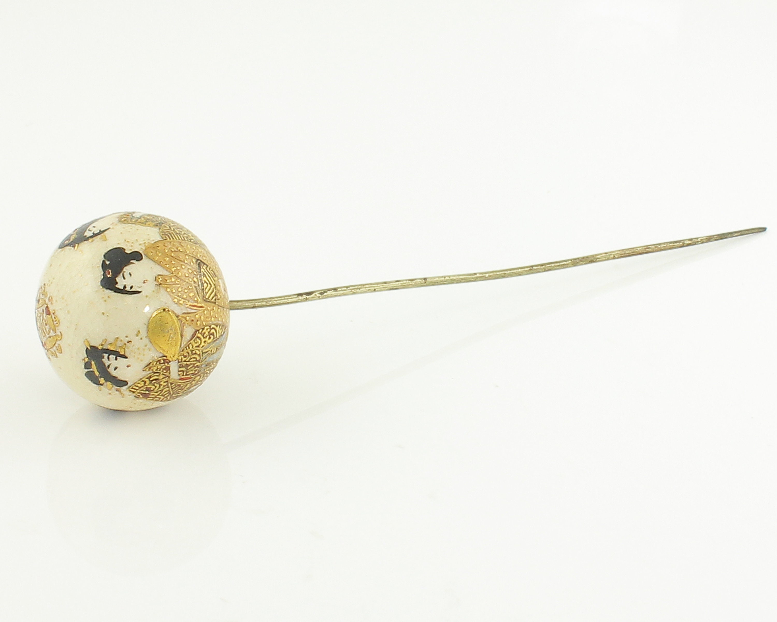 Satsuma Porcelain Sphere Geisha Women Hat Pin Gold Decoration