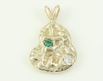 Vintage 14K Diamond Lab Created Emerald Nugget Pendant, 14K Nugget Necklace Charm, 1980s 14K Diamond Lab Emerald Nugget, Vintage Jewelry
