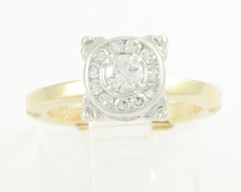 Vintage .30 CT TW Diamond Halo Ring, 14K Yellow Gold Diamond Bullseye Engagement Ring, Finger Fit Ring, Vintage Jewelry, Estate Jewelry